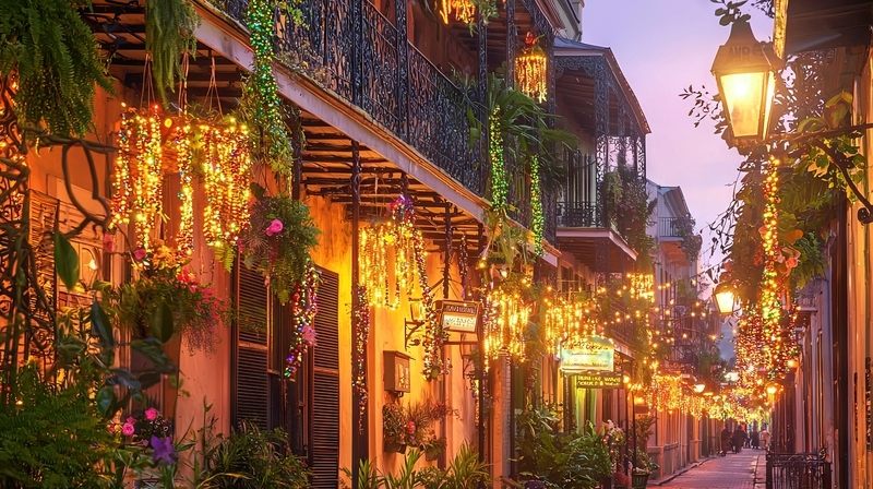 Lantern-lit balconies along a French Quarter street in New Orleans in the evening