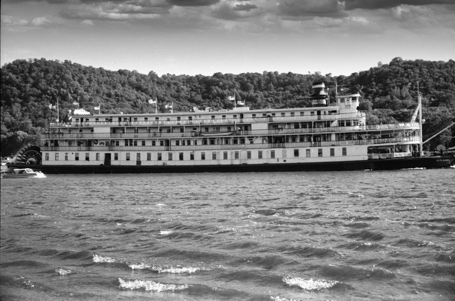 Black and white photo of a large paddle steamer cruising the Mississippi near Wabasha, Minnesota